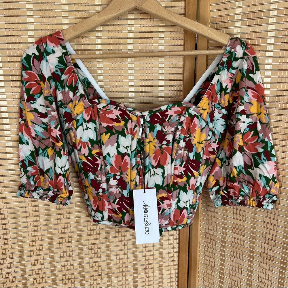 NWT CORSET STORY COTTON PRINT SLEEVED CORSET TOP
